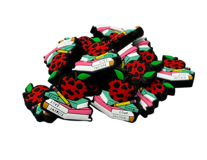 Teach Love Inspire with Books Apple and Pencil Silicone Teacher Focal Bead for Beadable Pens, Stylus, Pencils, Keychains and More