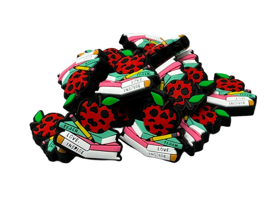 Teach Love Inspire with Books Apple and Pencil Silicone Teacher Focal Bead for Beadable Pens, Stylus, Pencils, Keychains and More