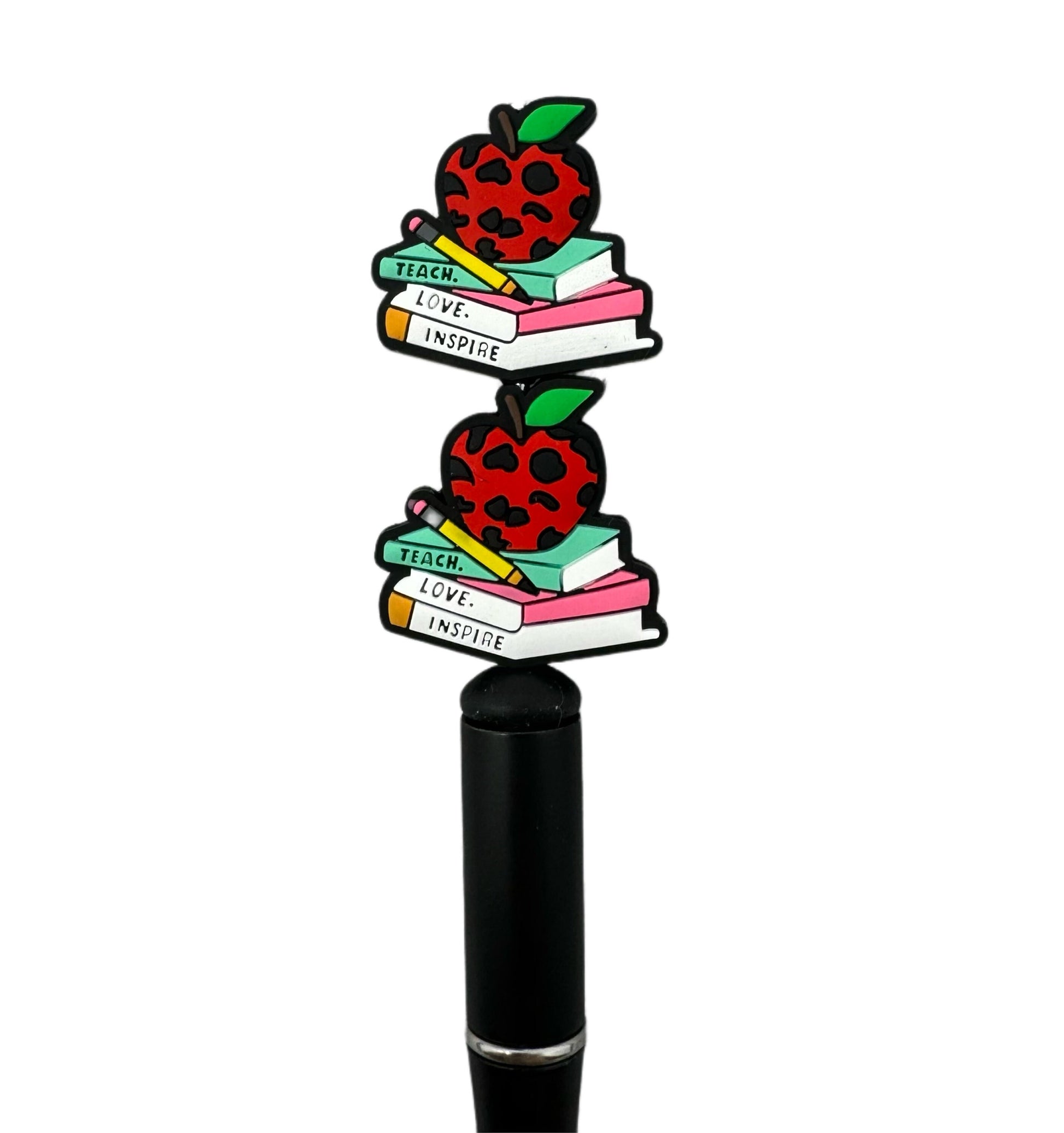 Teach Love Inspire with Books Apple and Pencil Silicone Teacher Focal Bead for Beadable Pens, Stylus, Pencils, Keychains and More