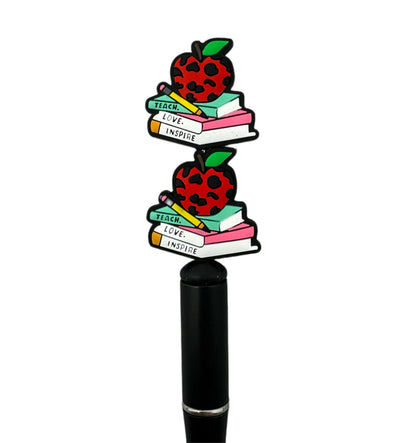 Teach Love Inspire with Books Apple and Pencil Silicone Teacher Focal Bead for Beadable Pens, Stylus, Pencils, Keychains and More