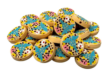 Nurse with Sunflowers and Leopard Animal Print Silicone Focal Bead for Beadable Pens, Stylus, Pencils, Keychains and More.