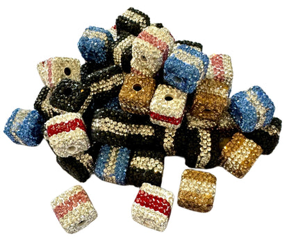 Gorgeous 14mm Pave Rhinestone and Clay Center Stripe Cube Square Beads for Beadable Pen Stylus Keychain Bracelet Earrings and More