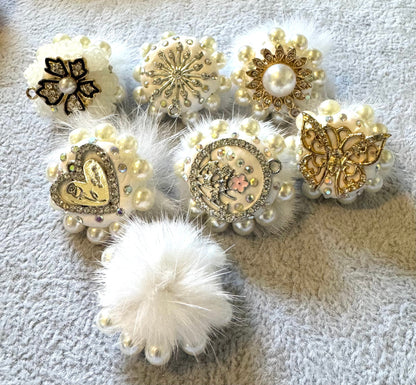 5 Pieces Pretty 30mm Fluffy Faux Fur Beads with Charms and Rhinestone and Pearl Accents for Beadable Pen Stylus Keychain Bracelet and More