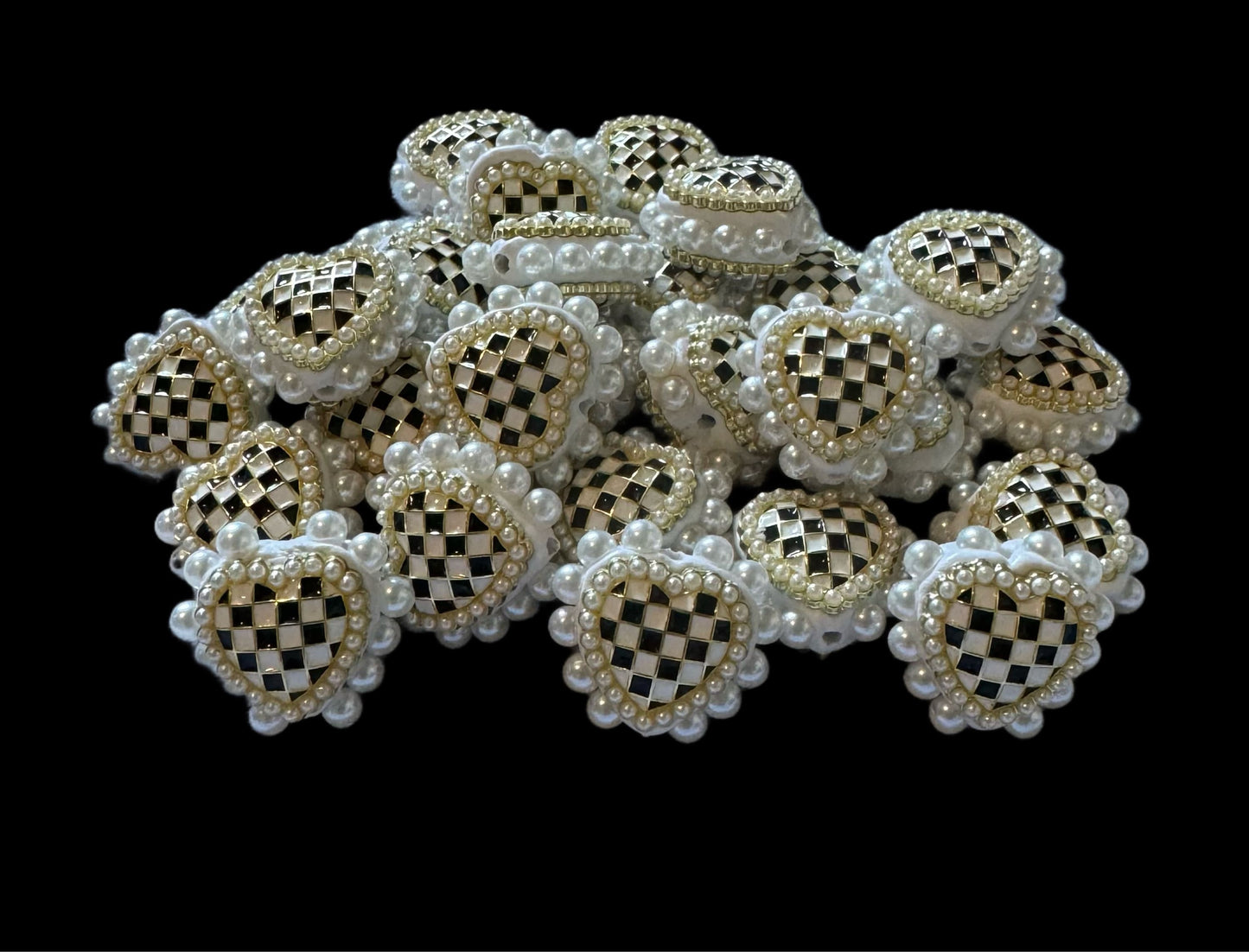 5 Pieces of Gorgeous 26mm Metal and Pearl Black and White Checker Heart Beads for Beadable Pen Stylus Keychain Bracelet Earrings and More