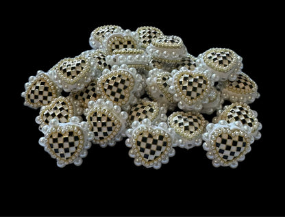 5 Pieces of Gorgeous 26mm Metal and Pearl Black and White Checker Heart Beads for Beadable Pen Stylus Keychain Bracelet Earrings and More