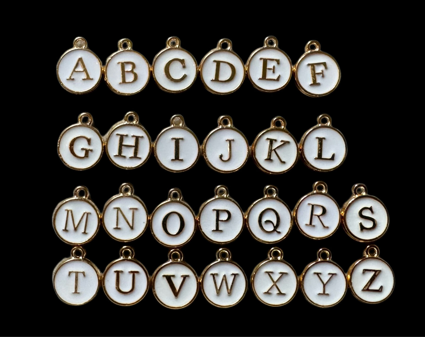 26 Pieces Gold Toned Metal with White Enamel Alphabet Letters Pendants for Beadable Pens, Jewelry, Bracelet, Earrings and More!