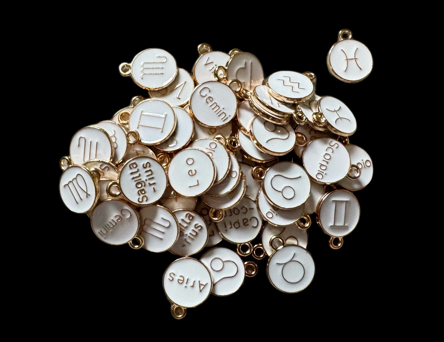 12 or 15 Pieces Gold Toned Metal with White Enamel Zodiac Symbols Pendant for Beadable Pens, Jewelry, Bracelet, Earrings and More!