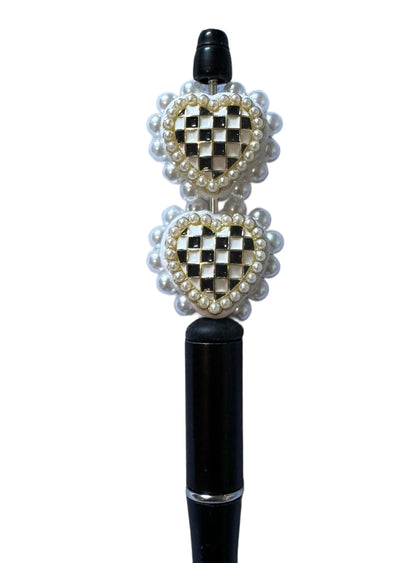 5 Pieces of Gorgeous 26mm Metal and Pearl Black and White Checker Heart Beads for Beadable Pen Stylus Keychain Bracelet Earrings and More
