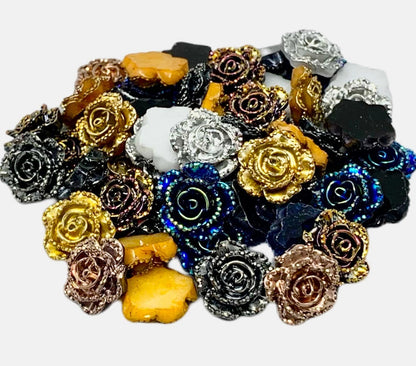 New Price! 14mm Shiny Metallic Look Resin Rose Flower Cabochon Flat Back Perfect DYI Phone Cases Water Bottles Scrapbook Hair Accessory