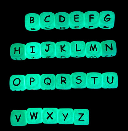 Side Hole 12mm Silicone Alphabet Letter Beads in Cube Shape With Glow Luminous Effect for Beadable Pens or DYI Bracelets and Lanyards