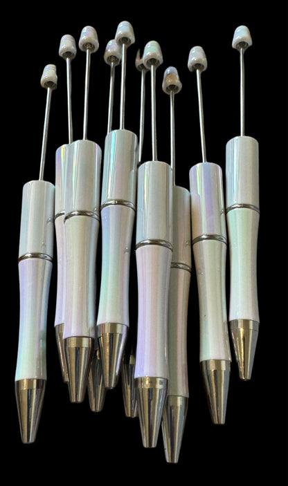 Pack of 10 White AB Color Beadable Plastic Pen Blank for Your DIY Creations with Beads Focals Rhinestones Spacers Refills Sold Separately