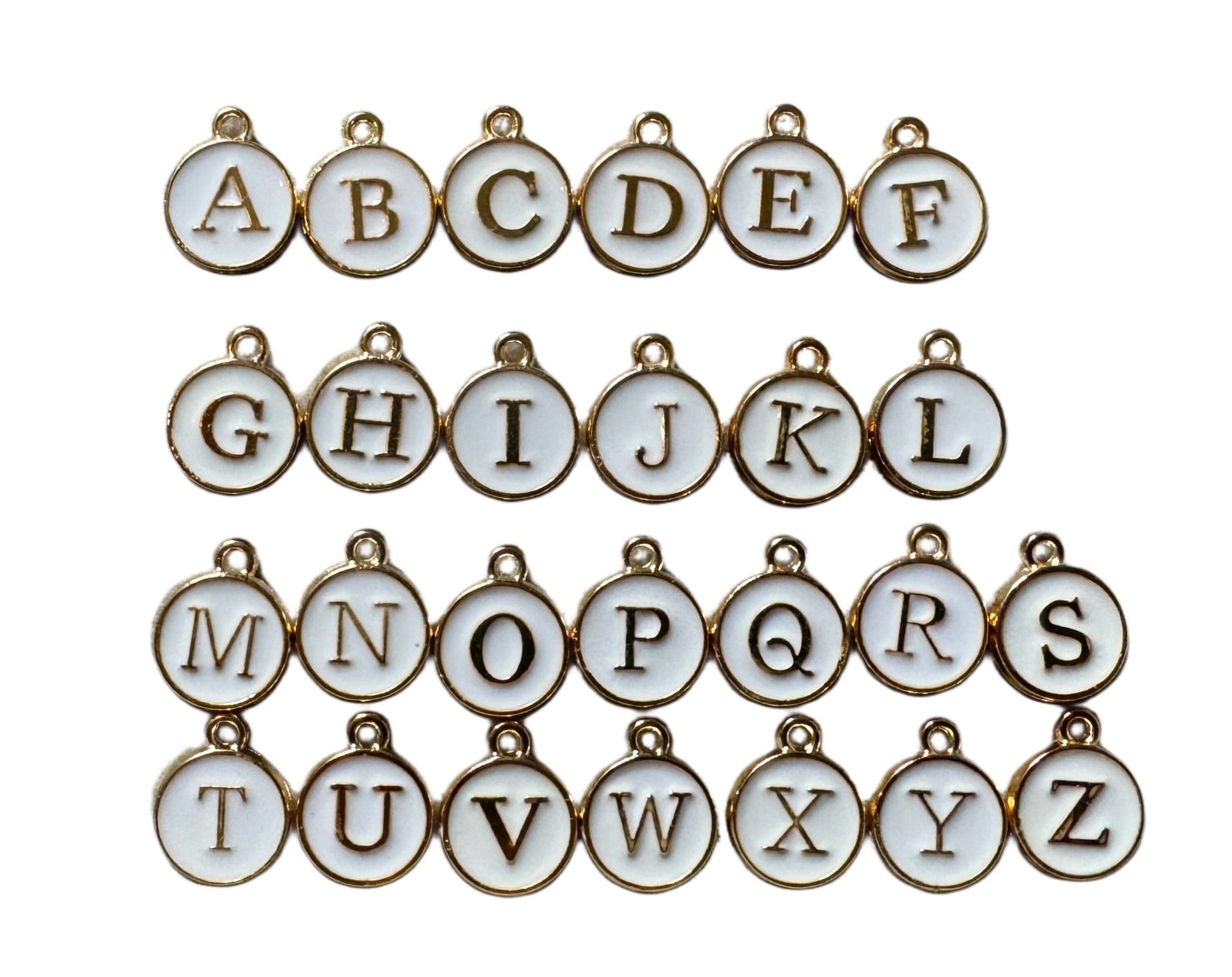 26 Pieces Gold Toned Metal with White Enamel Alphabet Letters Pendants for Beadable Pens, Jewelry, Bracelet, Earrings and More!