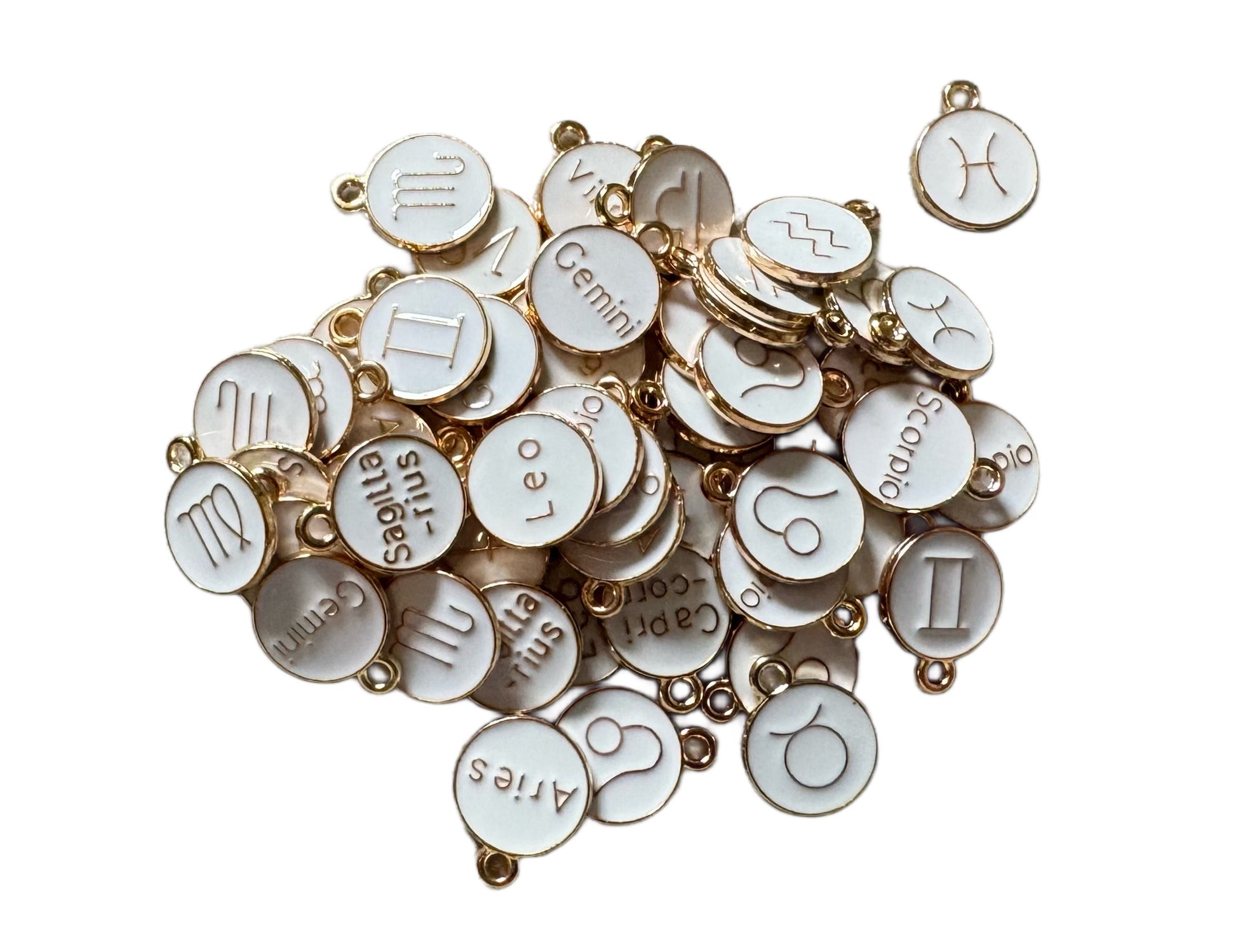 12 or 15 Pieces Gold Toned Metal with White Enamel Zodiac Symbols Pendant for Beadable Pens, Jewelry, Bracelet, Earrings and More!