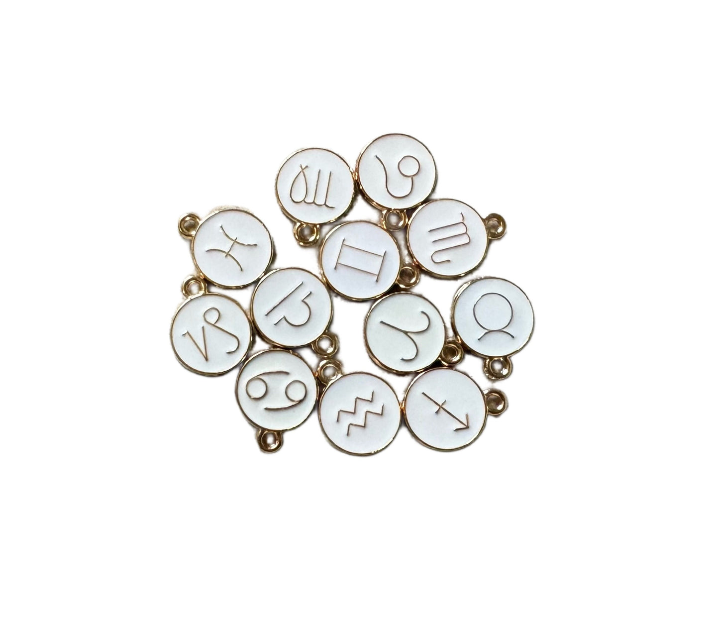 12 or 15 Pieces Gold Toned Metal with White Enamel Zodiac Symbols Pendant for Beadable Pens, Jewelry, Bracelet, Earrings and More!