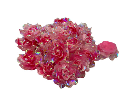 New Price! 28mm Ruffled Pink AB Resin Rose Flower Cabochon Flat Back Perfect for DYI Phone Cases Water Bottles Scrapbook Hair Accessory