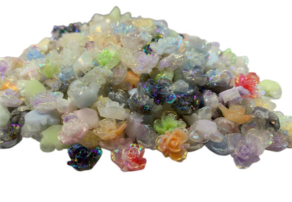 New Price! 9mm Clear Roses with Mixed Colors and Aurora Borealis Coating Nail Charm Mix Flower Cabochon DYI Phone Cases Hair Accessories