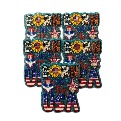 5 Pieces Patriotic Born in USA with Flag and Sunflower Flatback One Sided Planar Acrylic for Keychains, Badge Reels, Earrings and More!