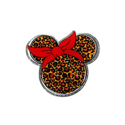 5 Pieces Minnie Mouse Head with Leopard Print and Red Bow Planar Acrylic for Keychains, Badge Reels, Earrings and More!
