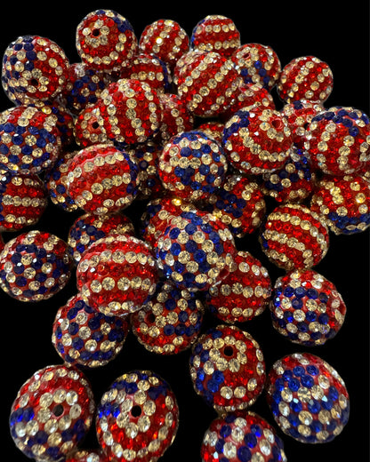 High Quality 16mm USA Red, White and Blue Stripe Pave Rhinestone and Clay Beads for Beadable Pen Stylus Keychain Bracelet Earrings and More.