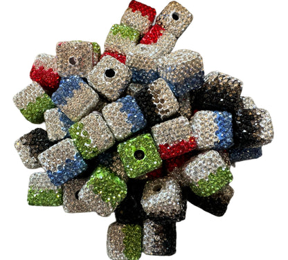 5 Pieces Gorgeous 14mm Pave Rhinestone and Clay Two Toned Cube Square Beads for Beadable Pens, Keychains, Bracelets, Earrings and More!