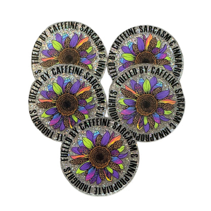 5 Pieces Fueled by Caffeine, Sarcasm and Inappropriate Thoughts Flatback One Sided Planar Acrylic for Keychains, Badge Reels, Earrings More!