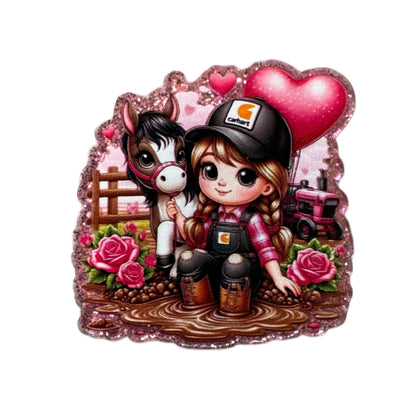5 Pieces Cute Horse and Girl with Pink Hearts Planar Acrylic for Keychains, Badge Reels, Earrings and More