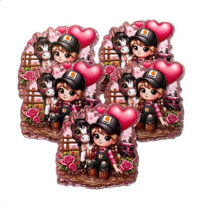 5 Pieces Cute Horse and Girl with Pink Hearts Planar Acrylic for Keychains, Badge Reels, Earrings and More