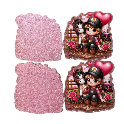 5 Pieces Cute Horse and Girl with Pink Hearts Planar Acrylic for Keychains, Badge Reels, Earrings and More
