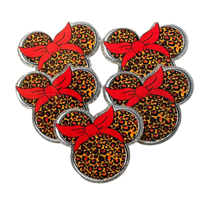 5 Pieces Minnie Mouse Head with Leopard Print and Red Bow Planar Acrylic for Keychains, Badge Reels, Earrings and More!
