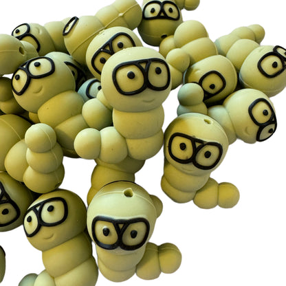 Little Green Book Worm with Glasses Silicone Focal Bead for Beadable Pens, Stylus, Pencils, Keychains and More!