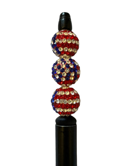 High Quality 16mm USA Red, White and Blue Stripe Pave Rhinestone and Clay Beads for Beadable Pen Stylus Keychain Bracelet Earrings and More.