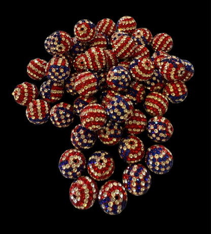 High Quality 16mm USA Red, White and Blue Stripe Pave Rhinestone and Clay Beads for Beadable Pen Stylus Keychain Bracelet Earrings and More.