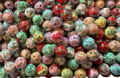 10 Pieces 16mm Retro Acrylic Printed Flower Bead Mix for Beadable Pens, Bookmarks, Keychains, Bracelets and More! Perfect for DIY Creations!