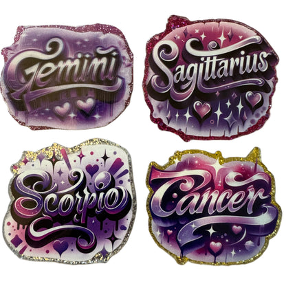 Complete 12 Piece Set of Zodiac Graffiti Style Flatback One Sided Planar Acrylic for Keychains, Badge Reels, Earrings and More!