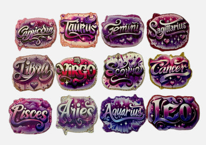 Complete 12 Piece Set of Zodiac Graffiti Style Flatback One Sided Planar Acrylic for Keychains, Badge Reels, Earrings and More!