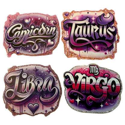 Complete 12 Piece Set of Zodiac Graffiti Style Flatback One Sided Planar Acrylic for Keychains, Badge Reels, Earrings and More!