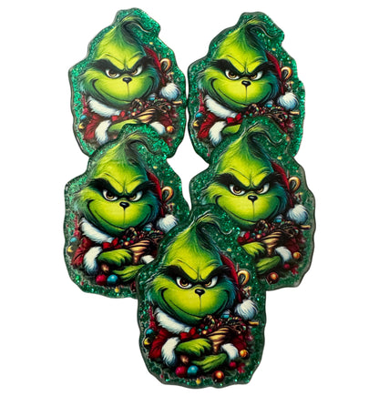 5 Pieces Christmas Grinch Flatback One Sided Planar Acrylic with Glitter Back for Keychains, Badge Reels, Earrings and More!