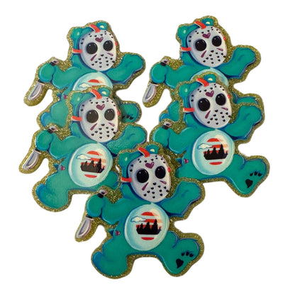 5 Pieces Jason Care Bear Friday the 13th Halloween Horror Flatback One Sided Planar Acrylic Glitter Back for Keychains, Badge Reels, & More