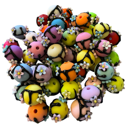 10 Pieces 16mm Acrylic Hand Painted Drip Beads with Tiny Flowers for Beadable Pens, Keychains, Bracelets, Earrings and More!