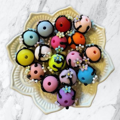 10 Pieces 16mm Acrylic Hand Painted Drip Beads with Tiny Flowers for Beadable Pens, Keychains, Bracelets, Earrings and More!