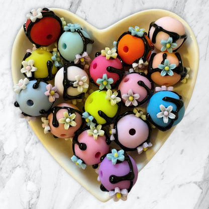 10 Pieces 16mm Acrylic Hand Painted Drip Beads with Tiny Flowers for Beadable Pens, Keychains, Bracelets, Earrings and More!