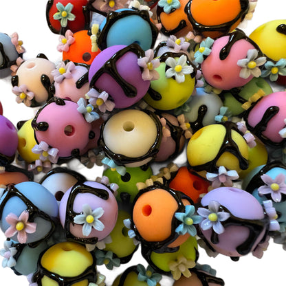 10 Pieces 16mm Acrylic Hand Painted Drip Beads with Tiny Flowers for Beadable Pens, Keychains, Bracelets, Earrings and More!
