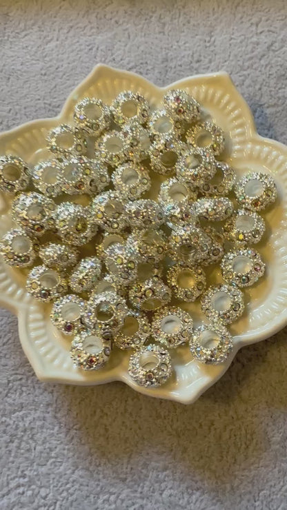 10 Pieces 12mm High Quality White Silver Metal and AB Rhinestone Spacer Beads with Large Hole for Beadable Pens, Keychains, Bracelets & More