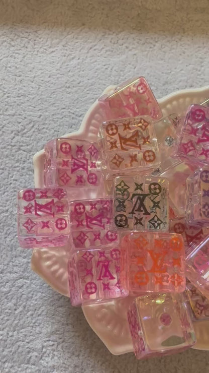 LV Clear AB Cubes with Colored Letters Designer Inspired Acrylic Beads for Beadable Pens, Stylus, Pencils, Keychains and More!