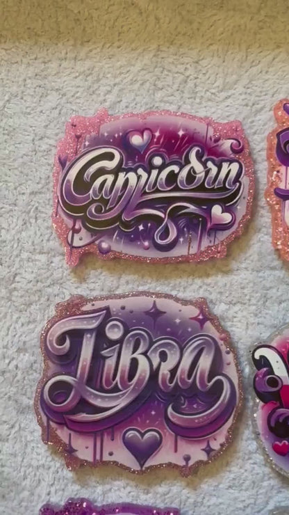 Complete 12 Piece Set of Zodiac Graffiti Style Flatback One Sided Planar Acrylic for Keychains, Badge Reels, Earrings and More!